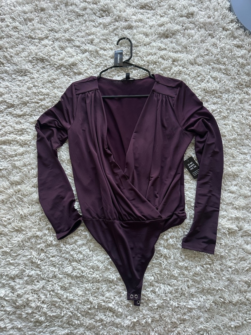 Express Plum Wrap-Front Long Sleeve Bodysuit